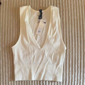 White Ribbed V-Neck Top